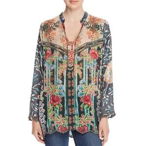 Johnny Was Womens Blouse Parnel Embroidered Silk Floral Print Multicolor M